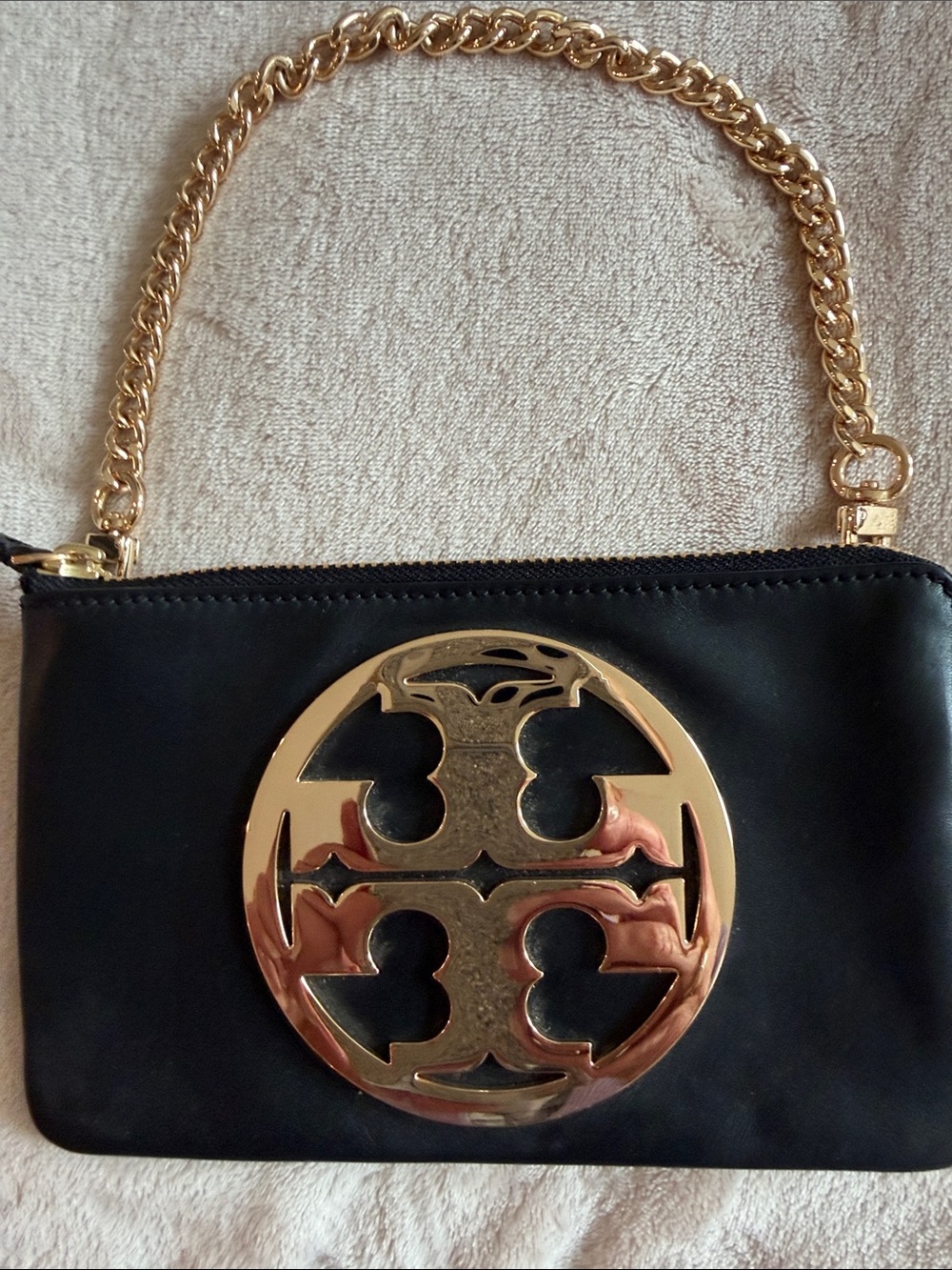 Tory Burch Black Wristlet with Gold Logo Medallion and Chain